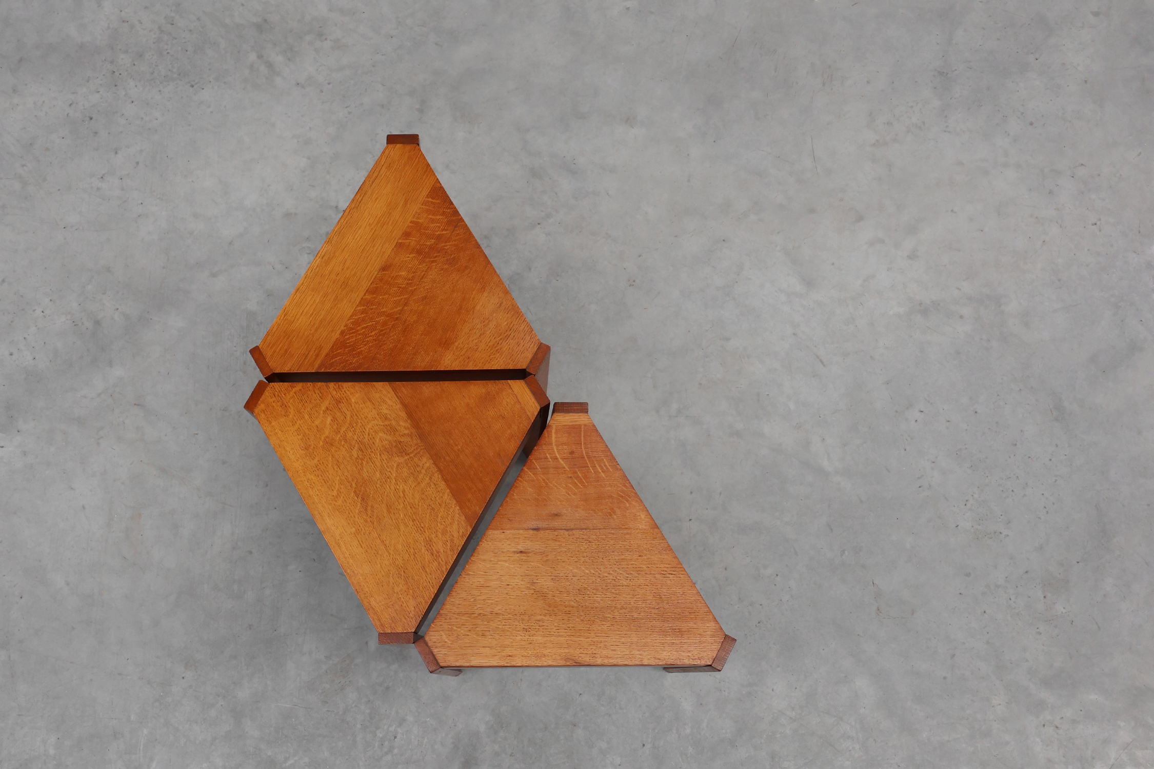 Set of 3 oak wooden triangular nesting or modular tables, France ca. 1960thumbnail